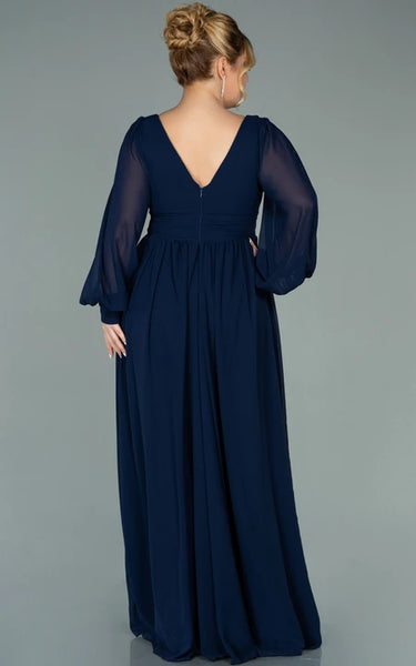 Chiffon V-neck Long Sleeve Front Split Pleated Evning Plus Size Dress