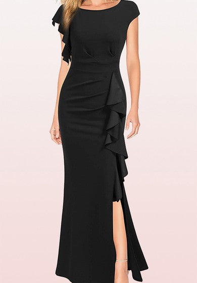 Sexy Jersey Sleeveless Bateau Sheath Guest Dress With Split Front and Ruffles