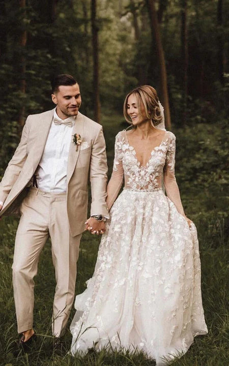 Iluzorní dlouhý rukáv princeznovské Mori šaty na svatbu s květinovým vzorem a krajkovou aplikací na zádech bez zad