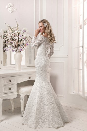 Long Sleeve Crystal Detailing Sheath Lace Floor Length Dress