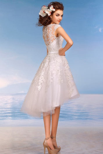 A-Line Knee-Length V-Neck Cap-Sleeve Illusion Lace Dress With Appliques And Pleats