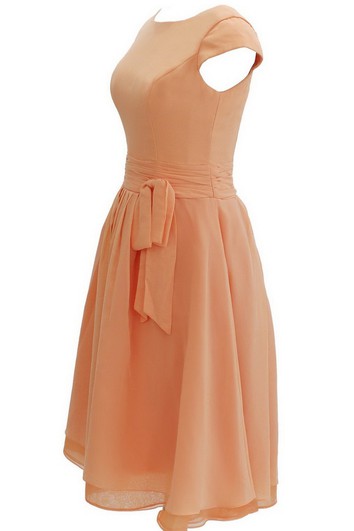 Cap-sleeved Knee-length Chiffon Dress With Ribbon