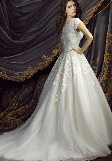 Princess Lace and Tulle Wedding Gown with Glittering Sash and Appliques