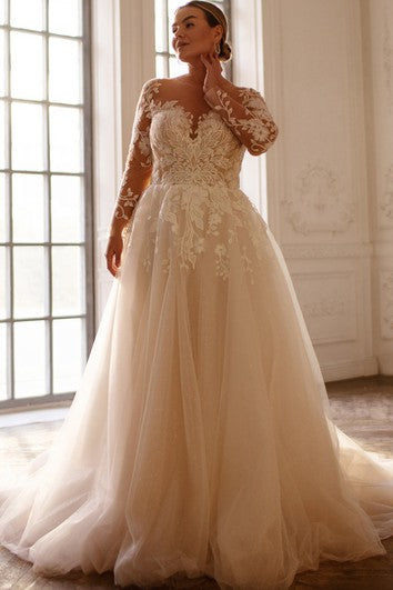 Sexy Ball Gown Bateau Lace Sweep Train Wedding Dress with Appliques