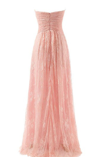 Sweetheart Long Ruched Dress With Lace Bodice