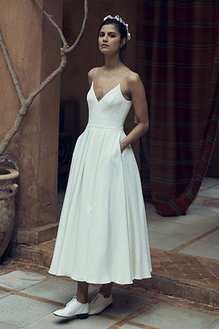 Sexy Chiffon Spaghetti Zippered Deep-V Back Wedding Dress with Pocket