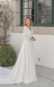 Chiffon Long Sleeve V-neck Sheer Empire Ruched A-line Wedding Dress with Belt