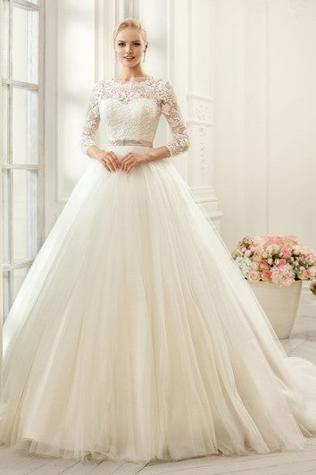 Ball Gown Long Bateau Long-Sleeve Deep-V-Back Tulle Lace Dress With Appliques And Waist Jewellery