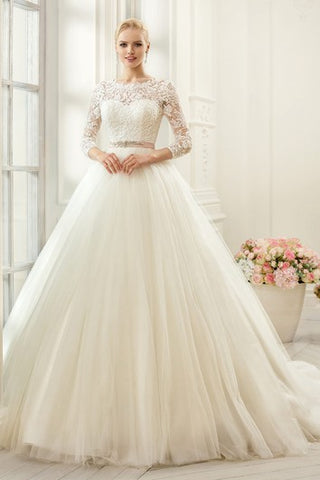 Ball Gown Long Bateau Long-Sleeve Deep-V-Back Tulle Lace Dress With Appliques And Waist Jewellery