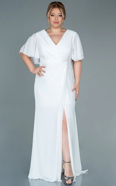 Empire Chiffon V-neck Bat Sleeve Empire Ruched Plus Size Mother of Bride Dress