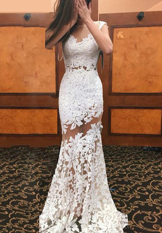 Cap Sleeve V Neck Mermaid Lace Gown With Illusion