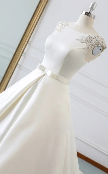 Elegant Beaded Epaulet Corset Back Princess | Ball Gown Solid Satin Wedding Dress with Court Train