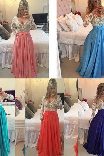 Modern Lace Chiffon Long Sleev Prom Dress Zipper Button Back