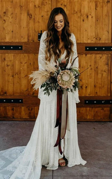 Bohemian Plunged Bell-sleeve Empire Lace Pleated Front Split Wedding Dress