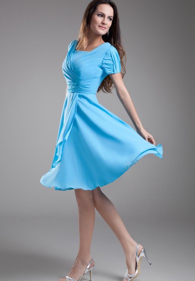 Square-Neck Knee-Length Short Sleeve Dress With Pleating