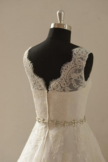 Lace A-Line Sleeveless Gown With Scalloped Bateau Neck and Beaded Waist