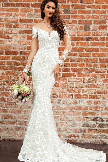 Sexy Bateau Mermaid Longitud de la cancha Train 3/4 de longitud Vestido de novia con apliques