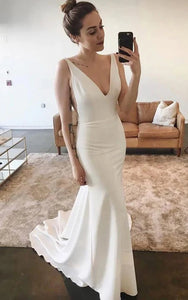 Simple V-neck Sleeveless Sheath Solid Chiffon Wedding Dress