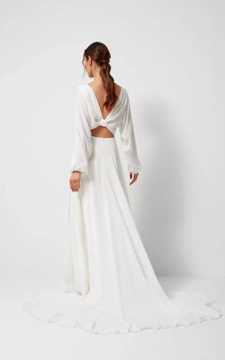 Vestido de boda de bosque delantero de manga larga de manga larga de manga larga y nudo