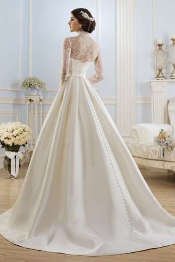 Ball Gown Long High-Neck Long-Sleeve Illusion Satin Dress With Lace