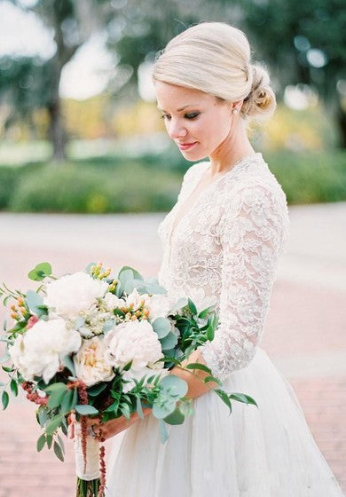 3 4 الأكمام الطويلة مفتوحة الظهر عتيقة لؤلؤي الدانتيل v فساتين الزفاف