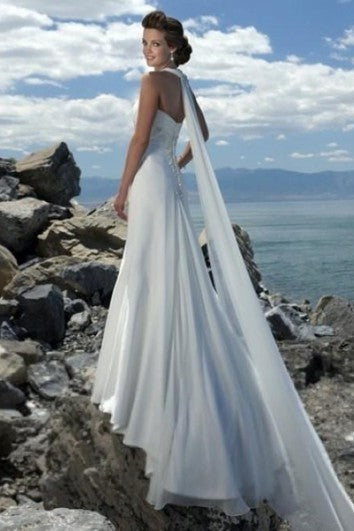 Empire Waist Spaghetti Straps Brush Train Chiffon Beach Wedding Dress