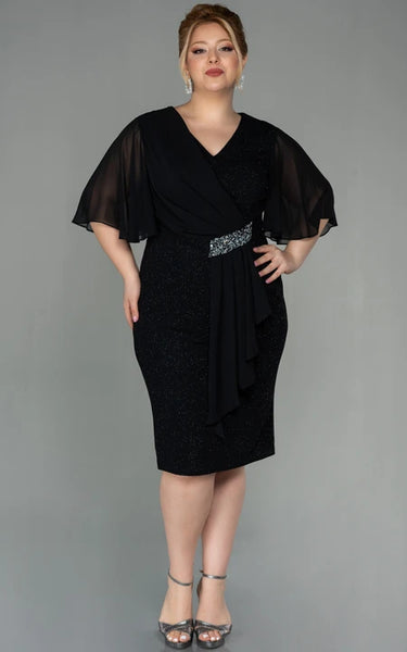 V-neck Poet-sleeve Pencil Plus Size Sequin Mother of Bride Dress with Draping