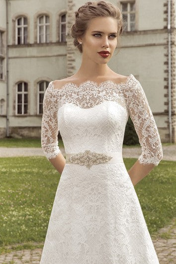 Scalloped Neckline Half Sleeve Floor-length A-line Lace-up Dress With Crystal Detailing