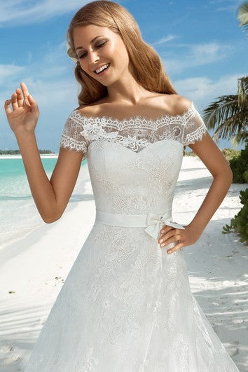 A-Line Long Off-The-Shoulder Short-Sleeve Corset-Back Lace Dress With Bow And Sash