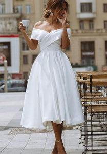 Vintage A Line Off-the-shoulder Satin Tea-length Sleeveless Wedding Dress with Criss Cross and Ruching