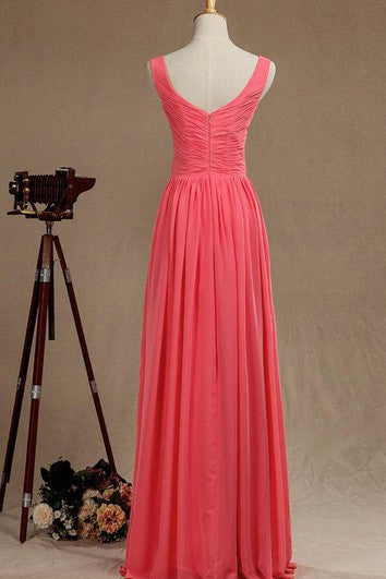 V Neck A-line Pleated Chiffon Floor Length Dress V Back