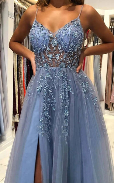 Spaghetti Front Split Tulle Pleated A-line Prom Dress with Crystal Detailings