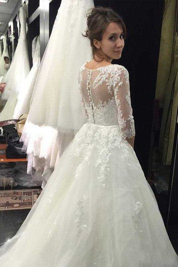 الدانتيل القديم A خط 3 4 الأكمام الطويلة الشفافة ثوب الزفاف متواضع