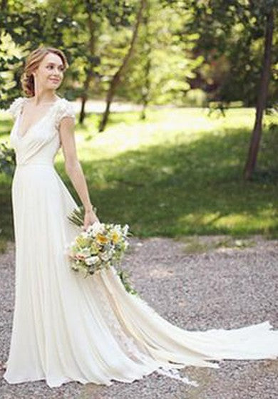 Modern V-neck Chiffon Flowers Wedding Dress 2018 Sweep Train