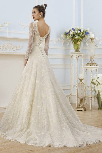 A-Line Floor-Length V-Neck Illusion-Sleeve Corset-Back Lace Dress With Appliques And Bow