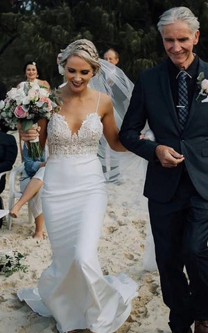 Simple Spaghetti Mermaid Beach Wedding Dress with Lace Top