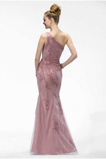 Mermaid One Shoulder Elegant Sleeveless Tulle Dress With Appliques And Zipper