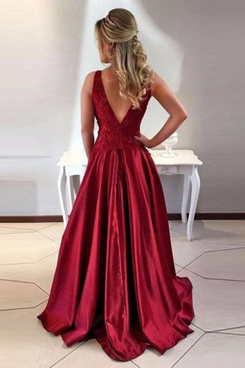 A-Line Satin Lace Jewel Sleeveless Zipper Low-V Back Dress