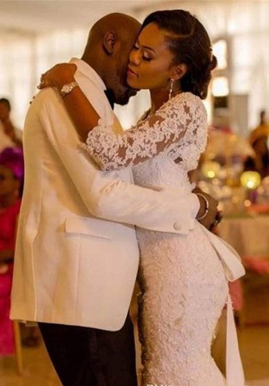 Schlichtes Meerjungfrau-Brautkleid aus Spitze in Übergröße mit langen Ärmeln und Schärpe