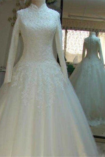 Vintage Beaded Lace High Neck Wedding Dresses with Long Sleeves