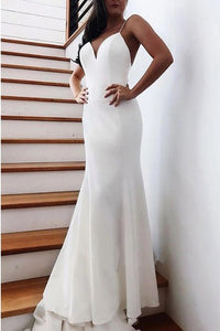 Elegant Satin Mermaid Spaghetti Long Wedding Dress with Bow