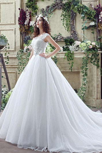 Elegant Illusion Lace Beadings Wedding Dress Cap Sleeve Zipper