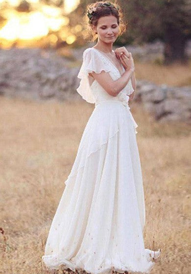 Bohemian Pearls Deep V Neck Backless Flower Beading Sheer Sleeve Pleats Chiffon Wedding Dress