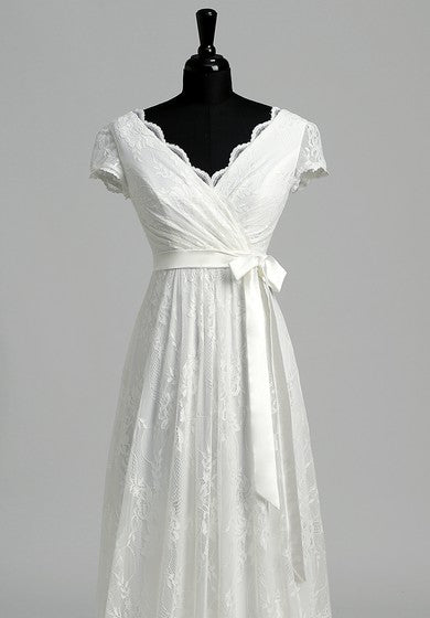 A Line Garden Cap Short Sleeve Wedding Dress