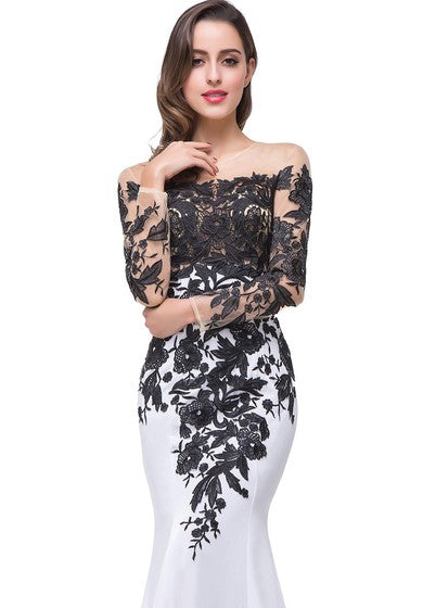 Glamouröses Langarm-Meerjungfrau 2022 Abendkleid Schwarze Applikationen Mutterkleid