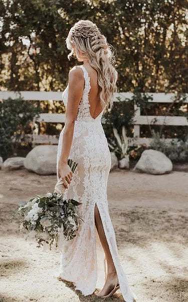 Sexy Plunged Sheath Pencil Lace Sleeveless V Back Wedding Dress with Back Slit