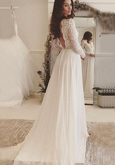 Vestido de boda de gasa de munas largas de manga larga con cuello en V con encaje con encaje