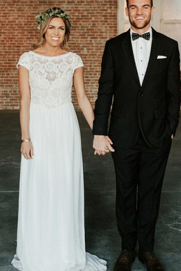 شيفون الدانتيل فرشاة القطار غمد الأكمام قصيرة فستان الزفاف مع الطيات