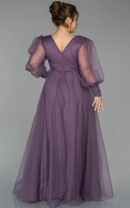 Večerní šaty s výstřihem do V, nabíranými rukávy, plisovaným empire střihem do áčka a výstřihem na zádech ve tvaru V, plus velikost