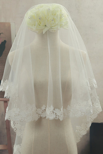 Simple Fingertip Tulle Wedding Veil with Lace Edge